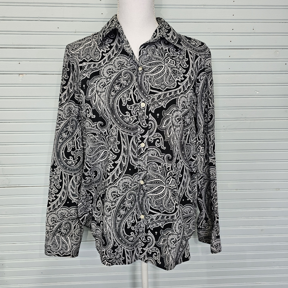 Lauren Ralph Lauren Black White Paisley And Floral Long Sleeve Button Down SZ L